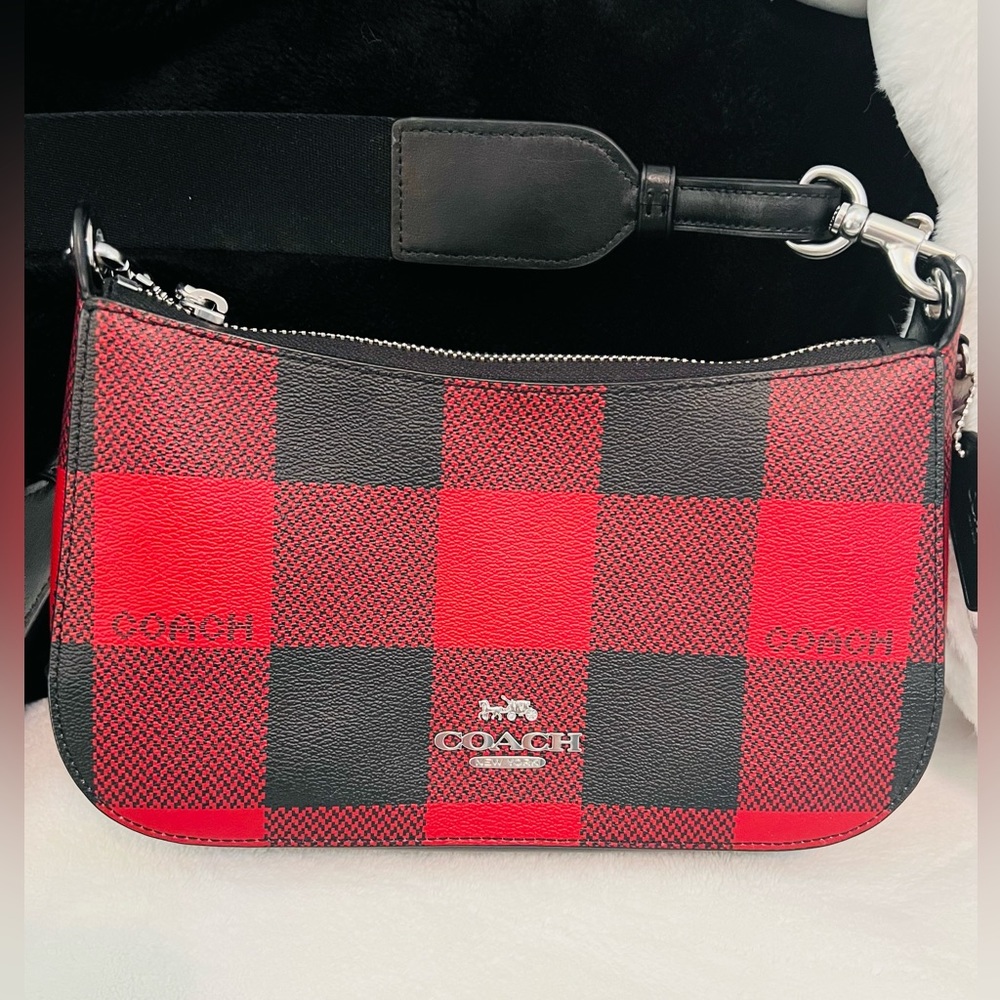 Coach Jes Baguette Crossbody With Red Black Buffalo Plaid Print Handbag